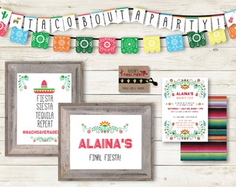 Bachelorette Fiesta Editable Custom 5x7 Invitation, Banners, Hair Band Holder, Signs Download Mexican Hen Bridal Party Bundle Kit