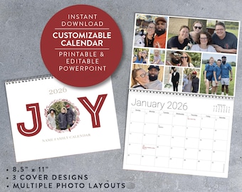 8.5"x11" 2026 PHOTO CALENDAR Printable Template PowerPoint Google Slides Editable Personalized Photo Planner Gift Christmas Holiday Keepsake