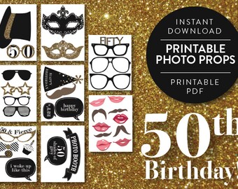 50th Birthday - 32 Piece Anniversary Party Photo Booth Props Kit, 50 Fierce Fabulous Printable Bundle Instant Download