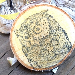 Nature inspired stocking stuffer, hand stamped wood slice Christmas ornament, woodland animals Christmas decor, vintage owl, gift for her