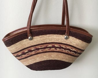 Mexican Woven Straw Market Tote Bag Tan Leather Handles Beach Bag