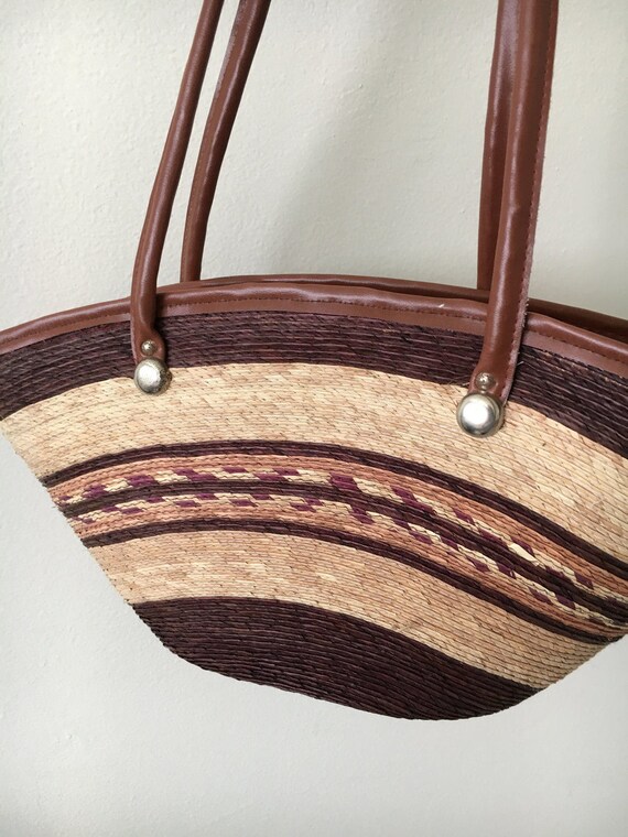 Mexican Woven Straw Market Tote Bag Tan Leather H… - image 3