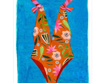 Floral Swim Art Print in Coral + Turquoise