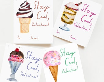 PRINTABLE Ice Cream Valentines Kids: "Stay Cool, Valentine" DIGITAL DOWNLOAD
