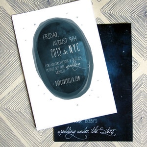 Save the Date: Under the stars, Outdoor Wedding, Navy & White, 4 x 6 double sided card image 3
