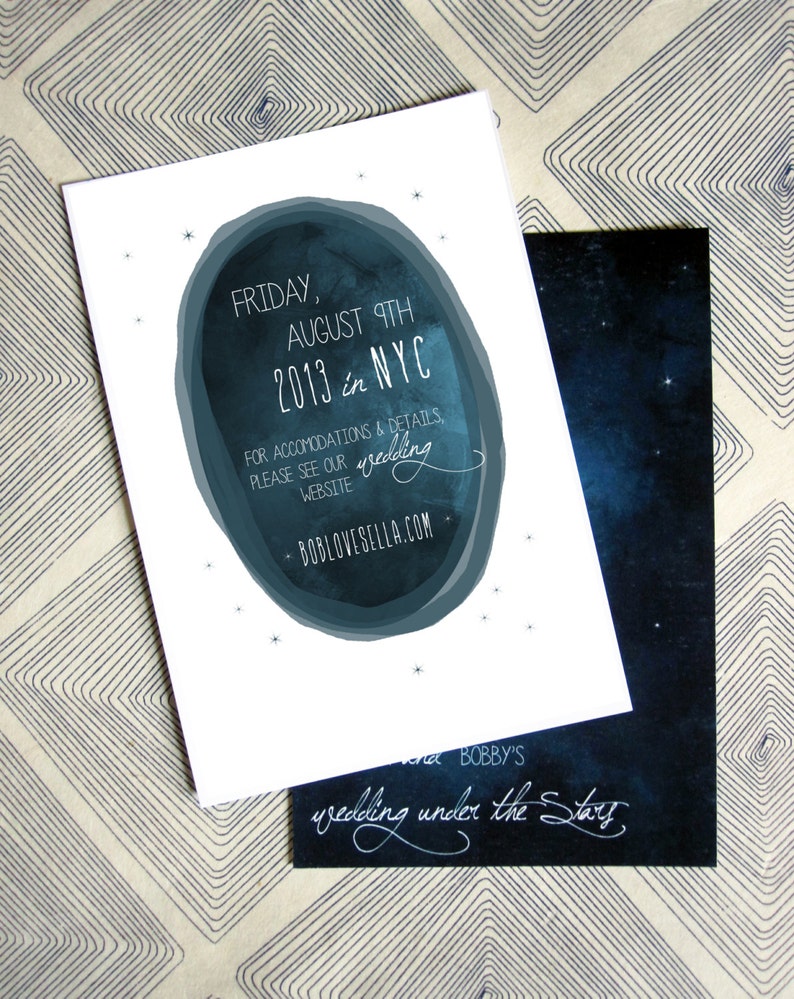 Save the Date: Under the stars, Outdoor Wedding, Navy & White, 4 x 6 double sided card image 3