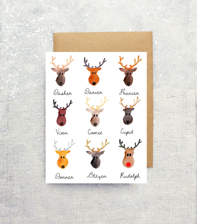 Reindeer Mugshots Watercolor Holiday Single Card: Blank Inside image 1