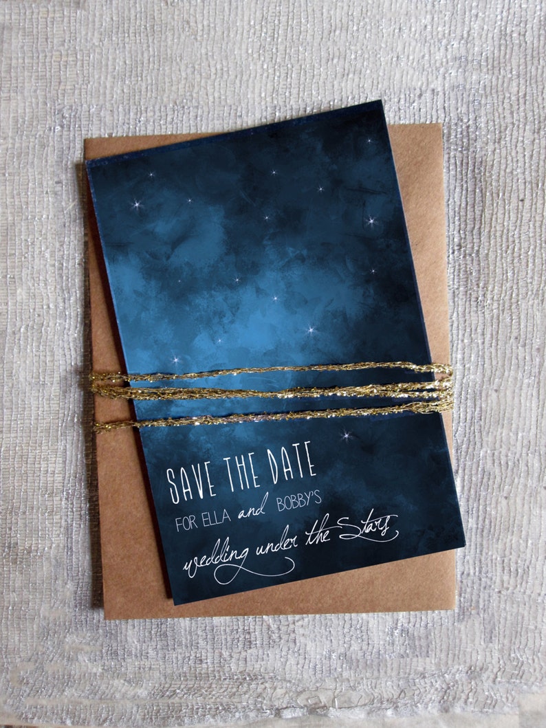 Save the Date: Under the stars, Outdoor Wedding, Navy & White, 4 x 6 double sided card image 1