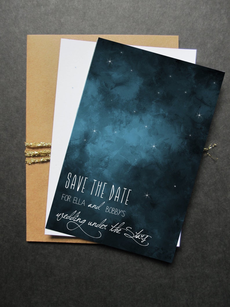 Save the Date: Under the stars, Outdoor Wedding, Navy & White, 4 x 6 double sided card image 4