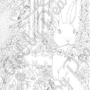 Peut inclure: Un dessin au trait noir et blanc d'un lapin dans un décor de forêt. Le lapin tient une feuille dans sa gueule et est entouré de fleurs et d'arbres. Un oiseau est perché sur une branche dans le coin supérieur gauche de l'image.