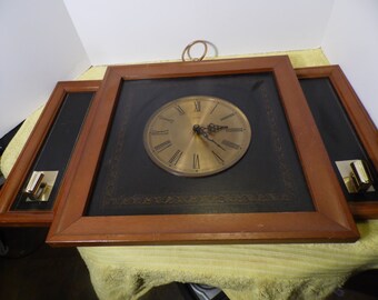 Vintage Welby Clock Set Sconces Candle Holder Brass Leather Wood