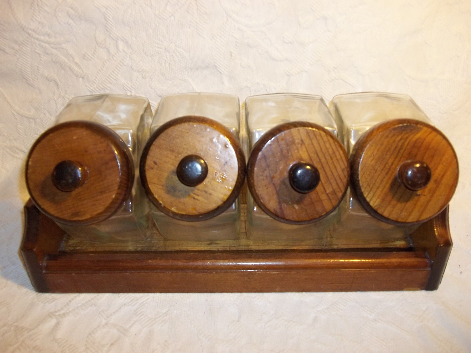 Vintage Glass and Wood Canister Set. Retro Glass Canisters Etsy