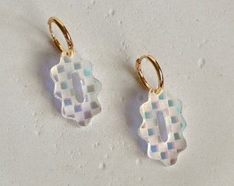 Dreamer Huggie Hoop Earrings || Checkered Iridescent Fun Trendy Acrylic Engraved Lasercut Earrings