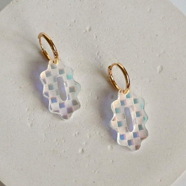 Dreamer Huggie Hoop Earrings || Checkered Iridescent Fun Trendy Acrylic Engraved Lasercut Earrings