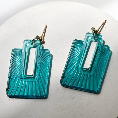 Grand Lake Earrings Art Deco Iridescent Acrylic Engraved Etsy
