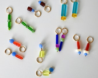 Handmade Colorful Beaded Huggie Hoop Earrings: Vintage Lucite & Glass