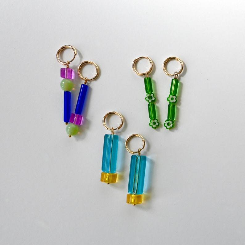 Beaded Earrings Vintage Glass Lucite Acrylic Colorful Handmade Beaded Huggie Hoop Earrings image 8