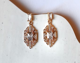 Zelda Earrings | Cubic Zirconia Art Deco Dainty Bridal Sparkly Gold Wedding Earrings