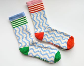 Wave Crew Socks: Ribbed Knit Cotton Blend, USA Made (2 Pairs)