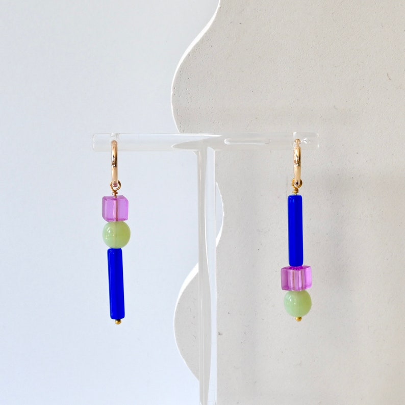 Beaded Earrings Vintage Glass Lucite Acrylic Colorful Handmade Beaded Huggie Hoop Earrings 5