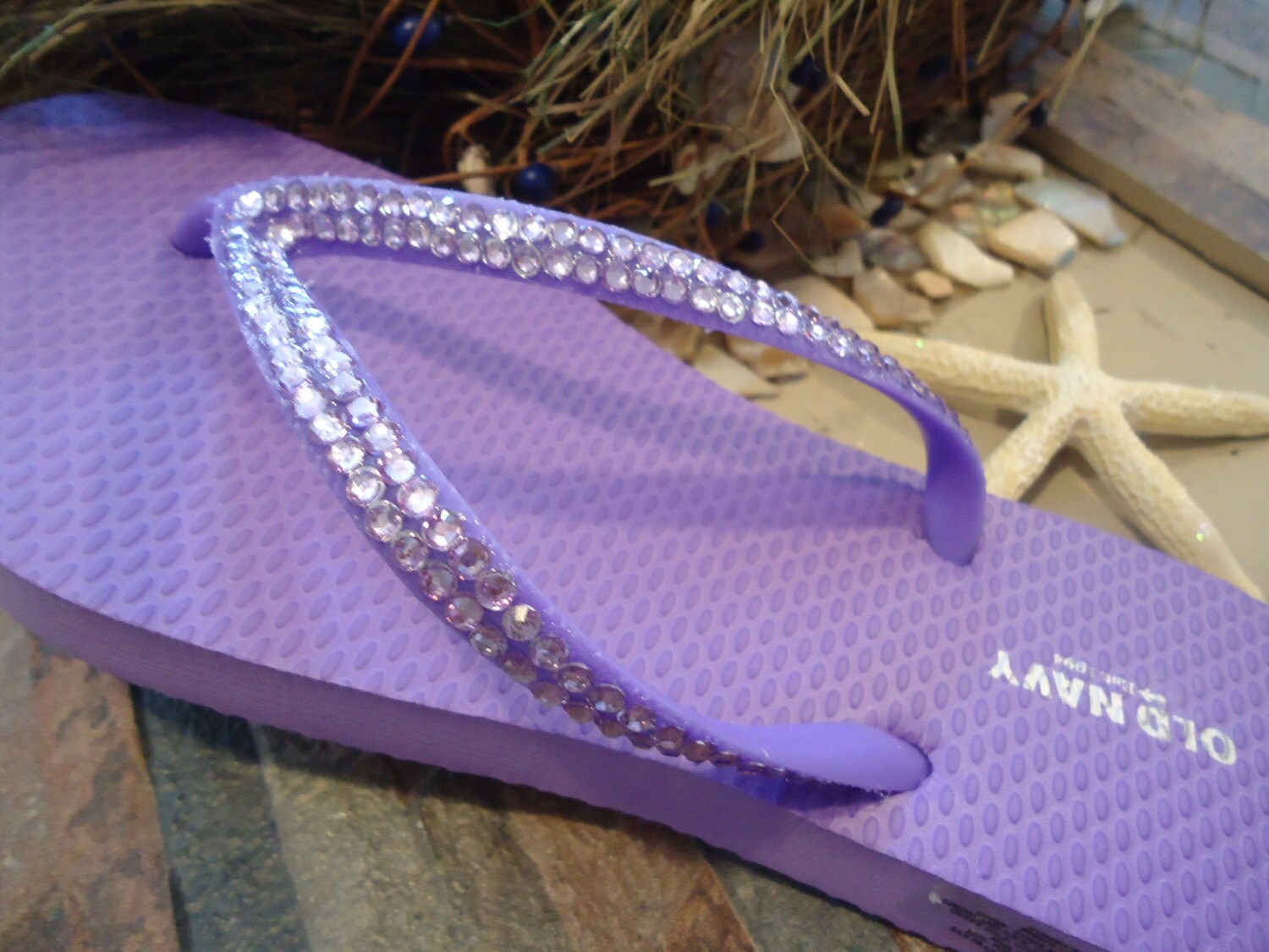 purple flip flops with rhinestones