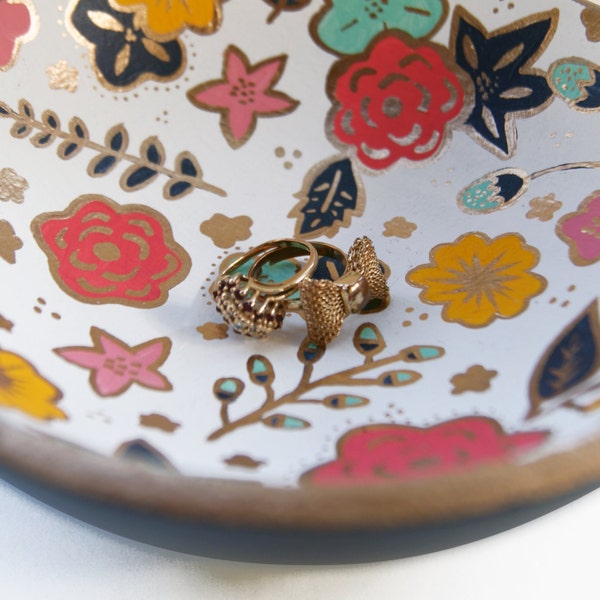 Jewelry - Trinket Bowl in Blue, Coral, Yellow and Teal with Gold Floral Pattern - Hand Painted Wooden Bowl