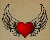 SALE 55% OFF Winged Heart - No.MJ37 -  Digital Image, Printable Clipart, Iron on Transfer for Fabric, Pillows, Towels, Scrapbooking & Crafts