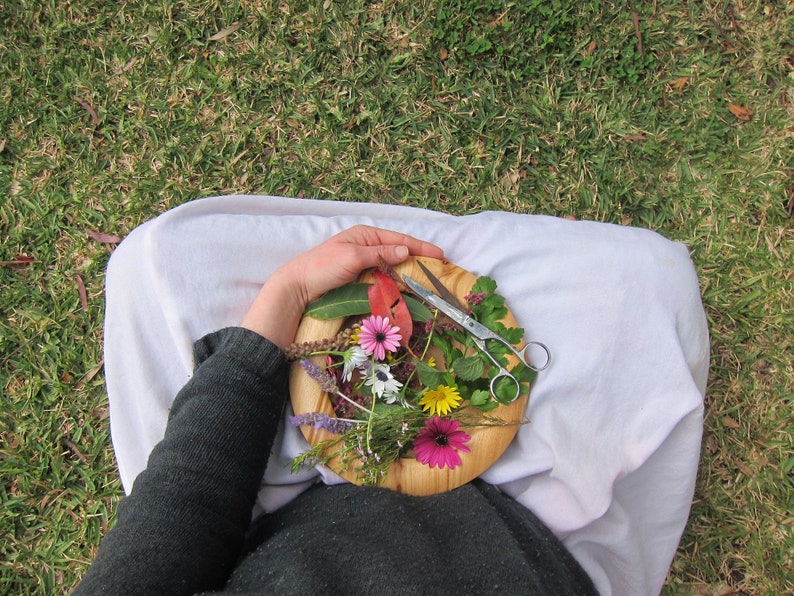 May include: A wooden plate with a variety of flowers and a pair of scissors. The plate is held by a person wearing a white shirt and black pants.