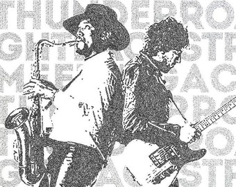 May include: Black and white illustration of two musicians playing instruments. The musician on the left is playing a saxophone and the musician on the right is playing a guitar. The background is filled with the words "Thunder Road" repeated in different sizes and orientations.