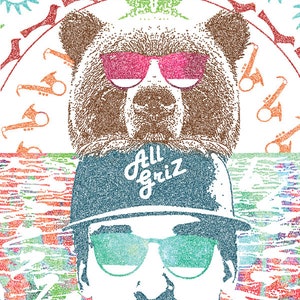 May include: A colorful, abstract illustration of a bear wearing sunglasses and a man wearing a baseball cap with the text "All Griz" and sunglasses. The text "THE GOLDEN HOUR" is at the bottom of the image.