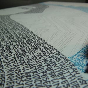 May include: A close-up of a white surface with black ink handwritten text. The text is in a cursive style and reads "I'm not getting a good feeling yeah just wanna be down the line together this is the family I see you're feeling now the line away now keep the lines", and more. A blue highlighter is being used to highlight the text.