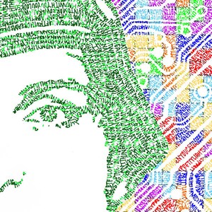 May include: A colorful portrait of a person's face created using words. The words are in different colors and are arranged in a way that forms the outline of the face. The words are mostly in green, but there are also some words in red, orange, yellow, blue, and purple.