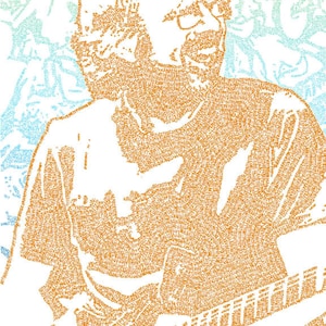 May include: A white silhouette of a person playing a guitar, created using a pattern of small, orange words. The background is a gradient of blue, green, and yellow.