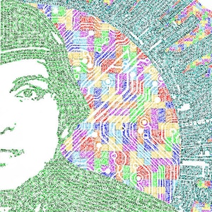 May include: A colorful abstract portrait of a person's face created using a variety of words. The face is outlined in green, with the background filled with a colorful pattern of words.