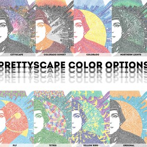 May include: A digital art print featuring a portrait of a person with different color options. The color options include Cityscape, Colorado Sunset, Colorado, Northern Lights, PLF, Tetris, Yellow Bird, and Original.