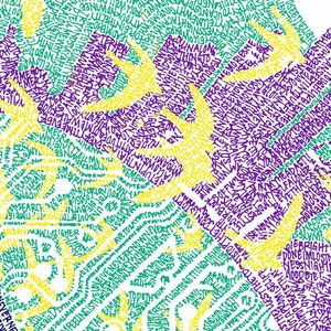 May include: A white background with a purple, yellow, and green abstract design. The design is made up of words and phrases that are written in a swirling pattern. The words are mostly positive and uplifting, such as "love", "hope", and "joy".