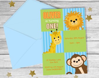 Zoo Animals FIRST Birthday Invitation {Digital File}  BOY Party Printable