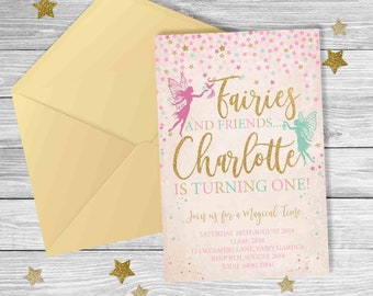 Pink & Green Star FAIRY Fairies  FIRST Birthday Invitation {Digital File}