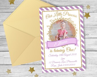 Purple & Gold PRINCESS Floral FIRST 1st Birthday Invitation {Digital File}