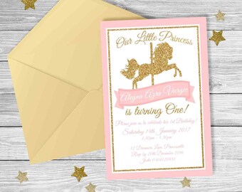 Pink & Gold CAROUSEL Horse FIRST Birthday Invitation {Digital File}
