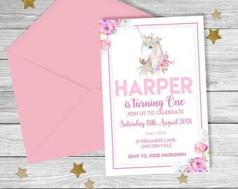 Watercolour Pink FLORAL UNICORN FIRST Birthday Invitation {Digital File}