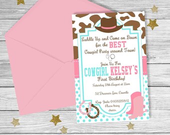 Pink & Aqua Green COWGIRL FIRST Birthday Invitation {Digital File}