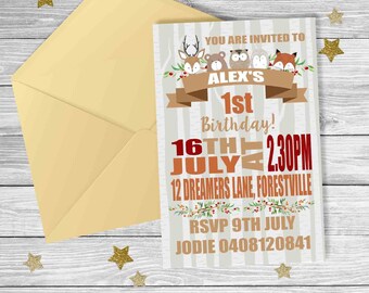 WOODLAND FOREST Animals FIRST Birthday Invitation {Digital File} Boy Party Printable