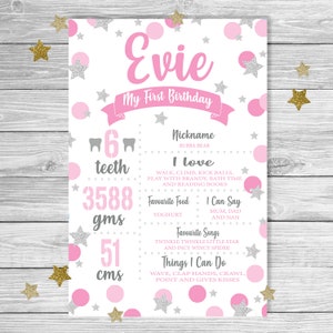 PINK & SILVER Twinkle Twinkle Little Star Baby GIRL First Birthday Milestone Board