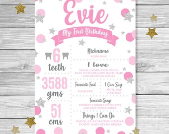 PINK & SILVER Twinkle Twinkle Little Star Baby GIRL First Birthday Milestone Board