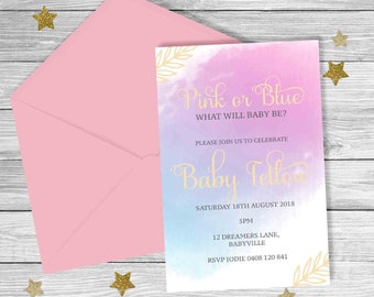 Watercolour GENDER REVEAL Baby Shower Invitation {Digital File}