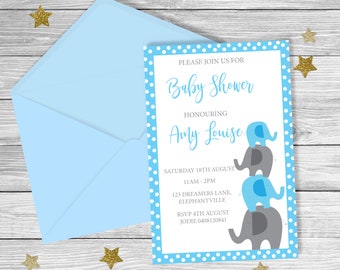BLUE/GREY Elephant Baby Shower Invitation {Digital File} Baby BOY Party Printable {Blue Background}