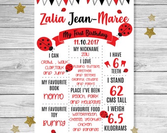 Personalised | LADY BUG Baby Girl First Birthday Milestone Board