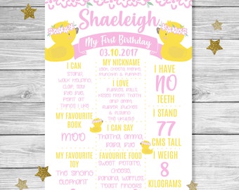 Personalised | RUBBER DUCK Baby Girl First Birthday Milestone Board