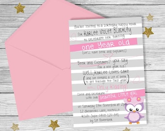 Cute OWL Surviving The First Year FIRST Birthday Invitation {Digital File}